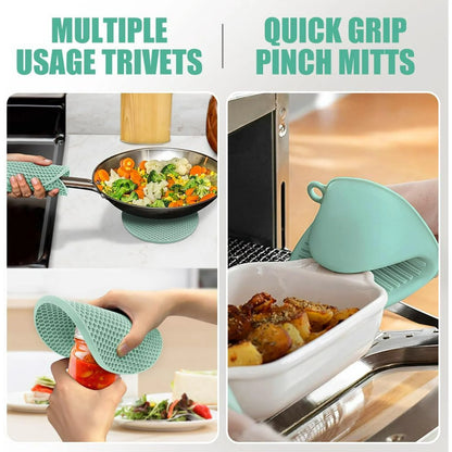Extra Long Oven Mitts and Pot Holders Sets, RORECAY Heat Resistant Silicone Oven Mittens with Mini Oven Gloves and Hot Pads Potholders for Kitchen Baking Cooking, Quilted Liner, Bermuda Teal, Pack of 6