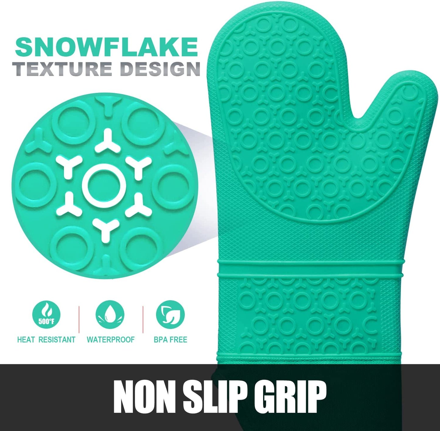 Extra Long Oven Mitts and Pot Holders Sets, RORECAY Heat Resistant Silicone Oven Mittens with Mini Oven Gloves and Hot Pads Potholders for Kitchen Baking Cooking, Quilted Liner, Green, Pack of 6