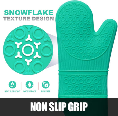 Extra Long Oven Mitts and Pot Holders Sets, RORECAY Heat Resistant Silicone Oven Mittens with Mini Oven Gloves and Hot Pads Potholders for Kitchen Baking Cooking, Quilted Liner, Green, Pack of 6