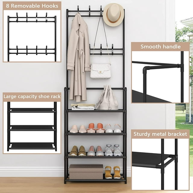 Coat Rack,Hall Tree with Bench and Shoe Storage for Entryway Bench,Coat Tree with 4-Tier Shoe Rack Organizer, 8 Removable Hooks, Black