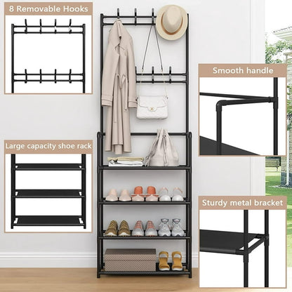 Coat Rack,Hall Tree with Bench and Shoe Storage for Entryway Bench,Coat Tree with 4-Tier Shoe Rack Organizer, 8 Removable Hooks, Black