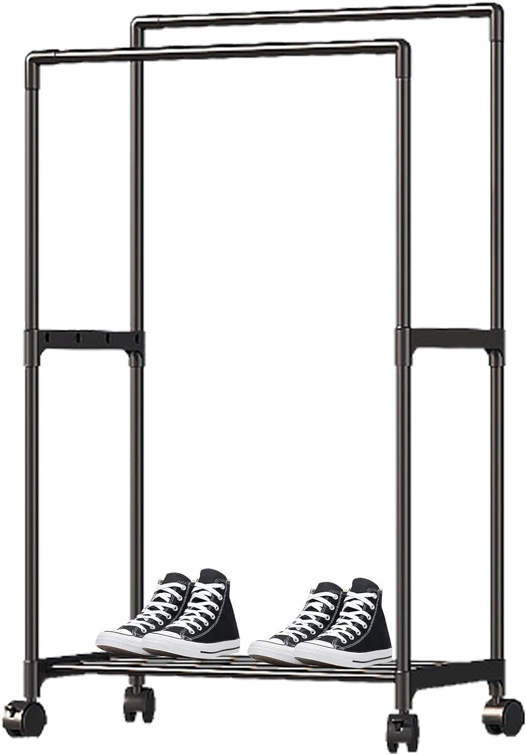 Double Rail Clothes Rack, Domaci Coat and Shoe Rack Entryway Hall Tree, Heavy Duty Clothes Drying Rack, Metal Double Rod Clothing Garment Rack Coat Rail Black