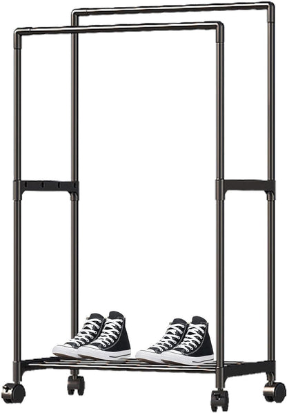 Double Rail Clothes Rack, Domaci Coat and Shoe Rack Entryway Hall Tree, Heavy Duty Clothes Drying Rack, Metal Double Rod Clothing Garment Rack Coat Rail Black