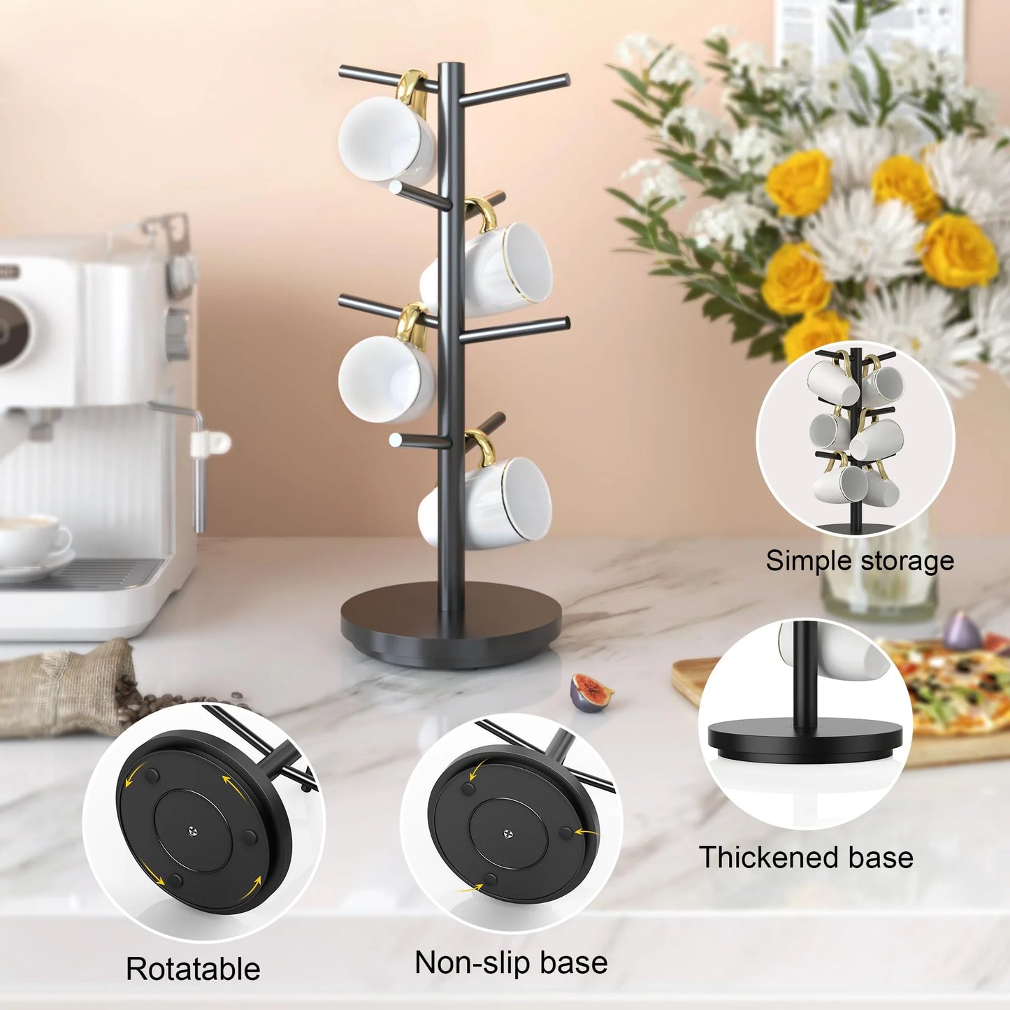 Mug Holder Tree, Domaci 360° Rotated 8 Hooks Coffee Cup Holder for Counter,Wood Coffee Mug Rack Standing for Coffee Bar Accessories and Kitchen Home Organizer (Black)