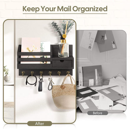 Key Holder for Wall,Dinosam Mail Organizer Wall Mount with Drawer,Mail Holder Shelf and 6 Sturdy Hooks,Hanging Key Rack Hanger for Entryway, Hallway, Bedroom, Living Room and Office，Black