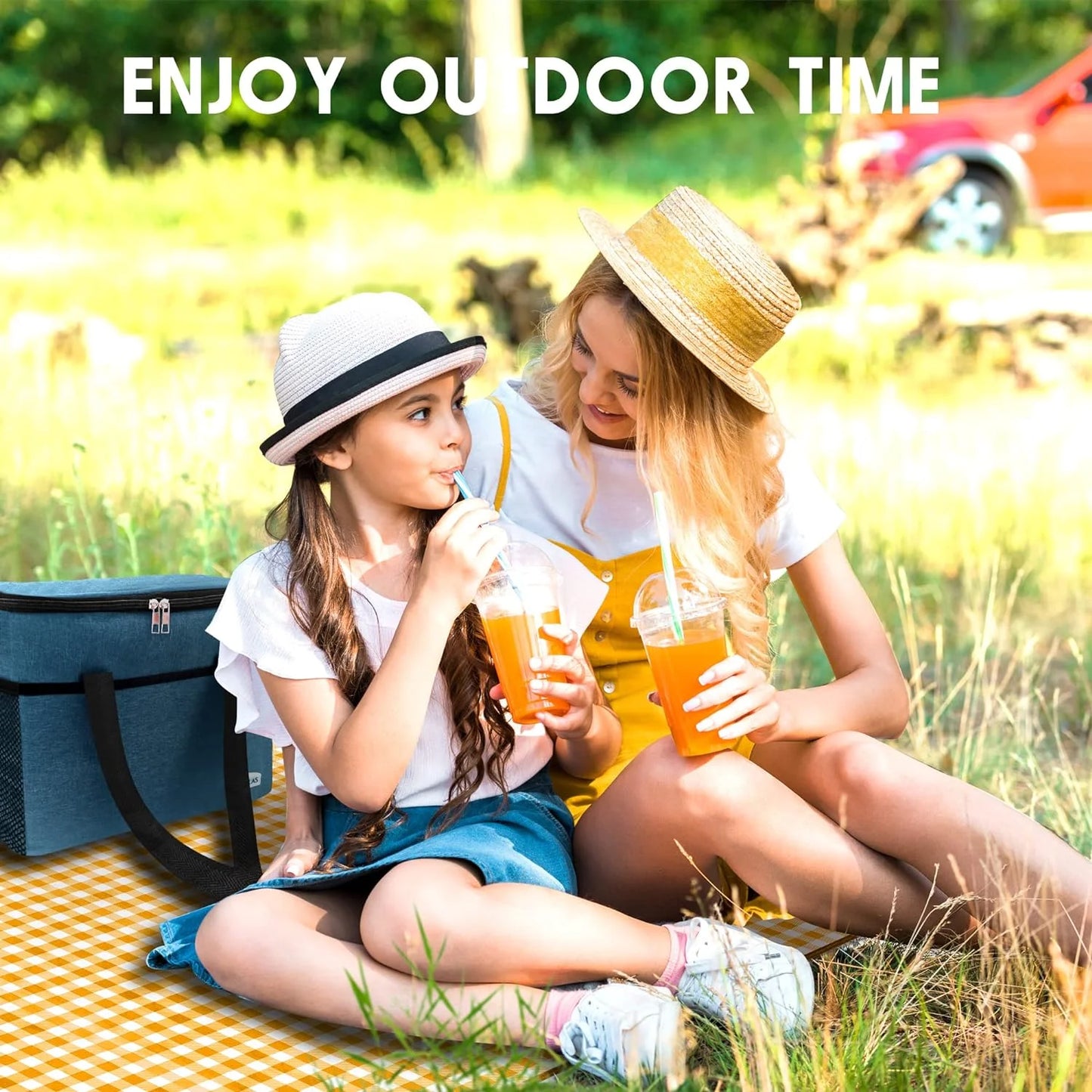 Picnic Blanket Handy Mat Tote Waterproof Sandproof Padding Portable Plaid Blanket for Lawn Park Beach Travel Yellow