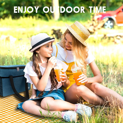 Picnic Blanket Handy Mat Tote Waterproof Sandproof Padding Portable Plaid Blanket for Lawn Park Beach Travel Yellow