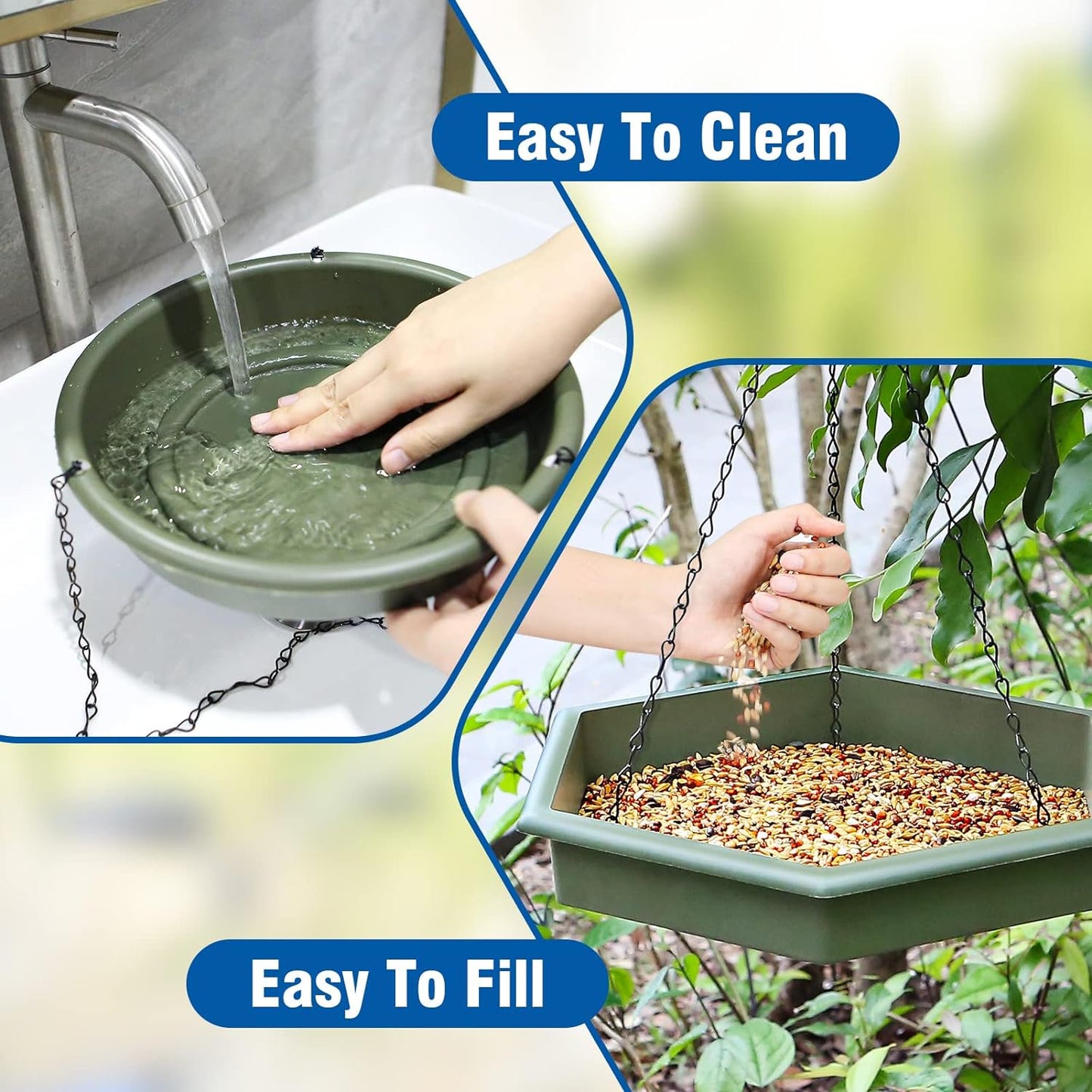 Hanging Bird Bath Hanging Bird Feeder, Bird Feeder, 2 in 1 Hanging Bird Feeder & Bird Bath for Outside, Hanging Bird Baths for Outdoors, Hanging Bird Feeder Tray (Green)