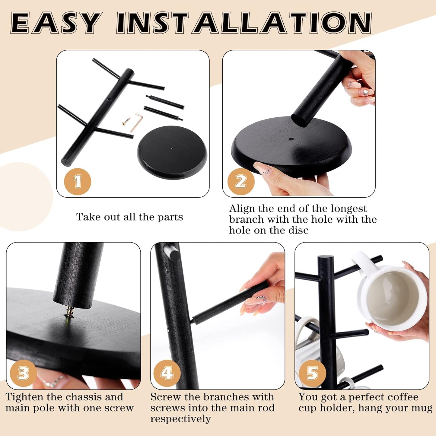 14 Inch Coffee Mug Tree Mug Holder Tree Coffee Mug Rack Cup Holder for Counter with 6 Hooks Removable Mug Stands (Black)