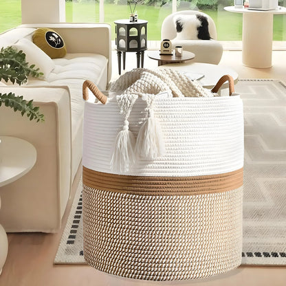Extra Large Cotton Rope Basket for Storage, Domaci Woven Basket for Organizing, Blanket Basket Clothes Basket Laundry Hamper with Handles (16" x 20")