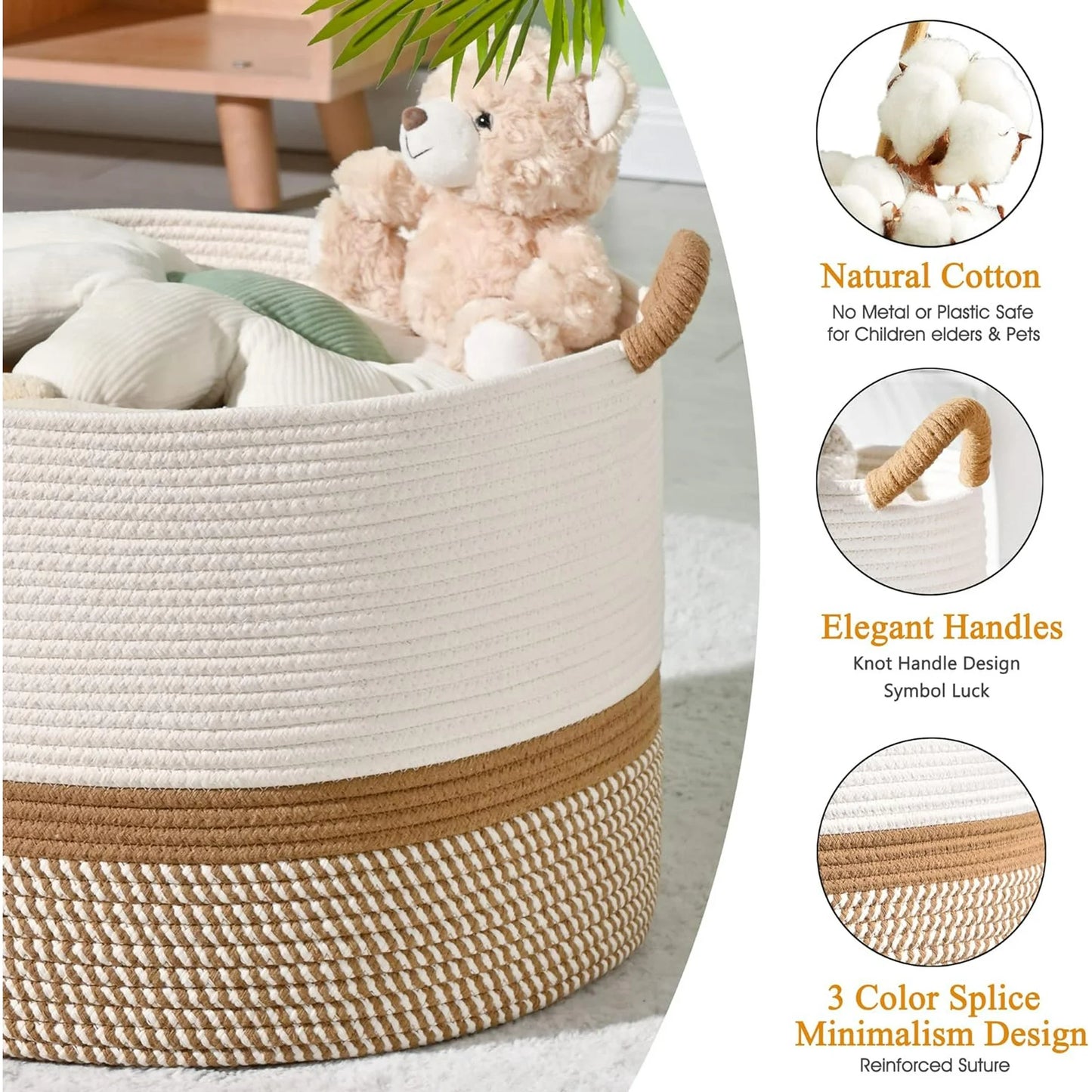 Large Laundry Basket Cotton Rope Storage Basket(16"x14"), Domaci Woven Baskets for Storage,Blanket Basket,Toy Storage Basket,Pillow Basket,Round Basket,Baby Hamper
