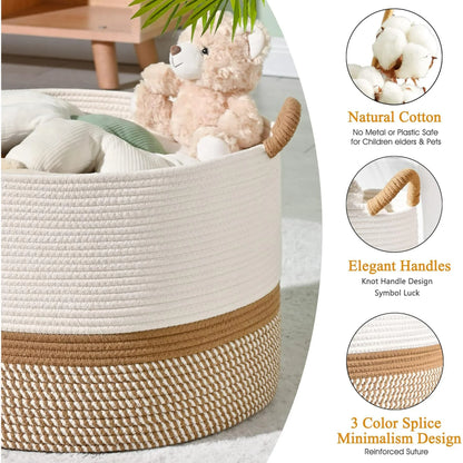Large Laundry Basket Cotton Rope Storage Basket(16"x14"), Domaci Woven Baskets for Storage,Blanket Basket,Toy Storage Basket,Pillow Basket,Round Basket,Baby Hamper