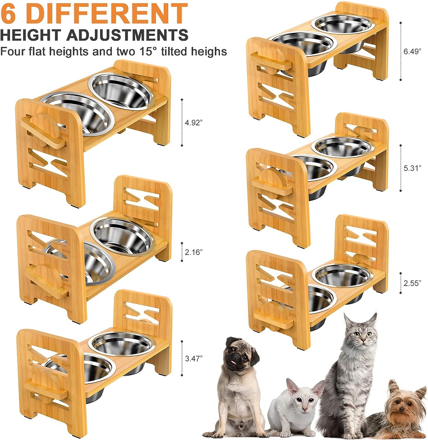 Elevated Dog Bowls for Small Dogs, Elevated Cat Bowls for Indoor Cats, Adjustable Raised Dog Bowl Stand, Raised Cat food Bowls with 2 Stainless Steel Bowls, Bamboo Dog Food Bowls with Stand