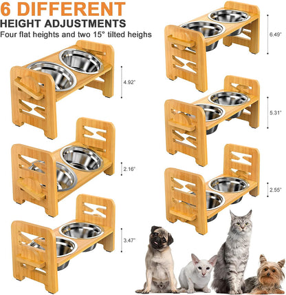 Elevated Dog Bowls for Small Dogs, Elevated Cat Bowls for Indoor Cats, Adjustable Raised Dog Bowl Stand, Raised Cat food Bowls with 2 Stainless Steel Bowls, Bamboo Dog Food Bowls with Stand
