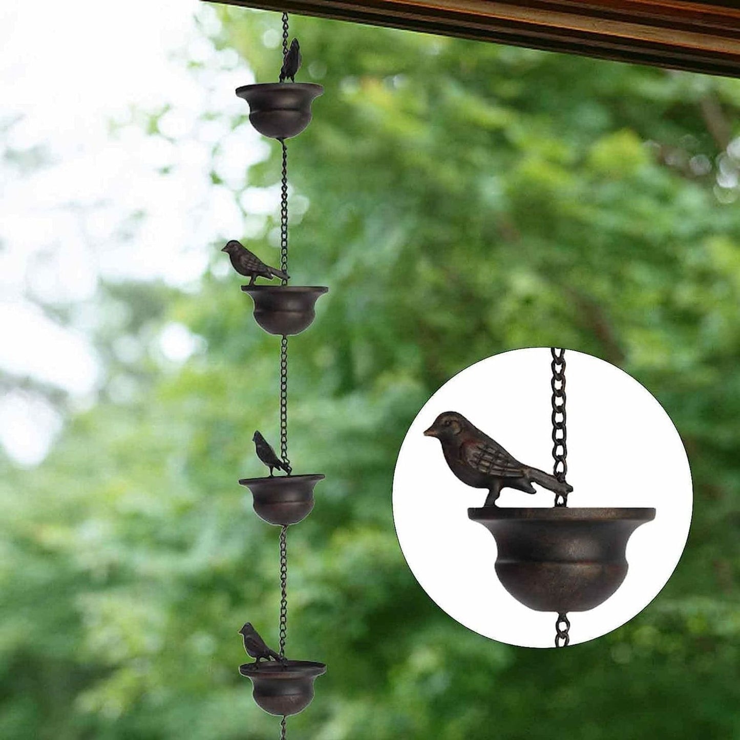 8 Feet Birds on Cup Mobile Rain Chain Mobile Bronze Decorative Bird Rain Chain Replacement Downspout Drainage Rain Chain 8 Birds Cups for Outdoor Courtyard Garden