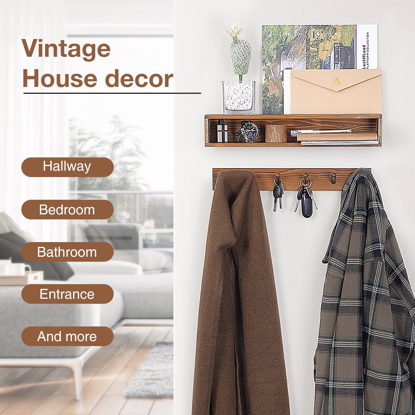 Coat Rack Wall Mount with Shelf, Domaci Entryway Floating Shelf with 6 Hooks, Wood Coat Hangers for Entryway, Living Room, Bedroom, Brown