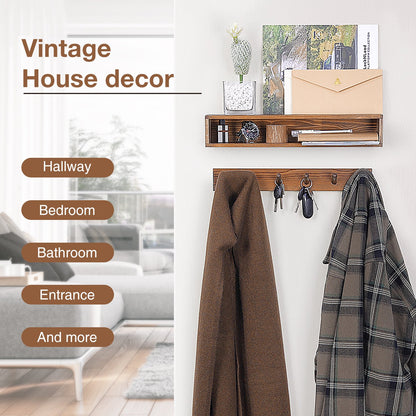 Coat Rack Wall Mount with Shelf, Domaci Entryway Floating Shelf with 6 Hooks, Wood Coat Hangers for Entryway, Living Room, Bedroom, Brown