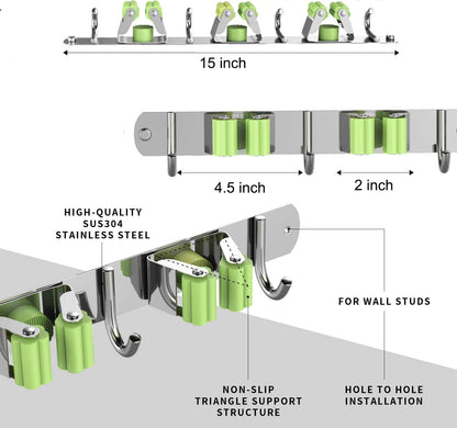 Mop and Broom Holder Wall Mount Mop Broom Hanger Wall Mounted, Heavy Duty Mop and Broom Organizer Wall Mount, Mounting Holes Broom Storage Rack for Laundry Room, Garage Organization