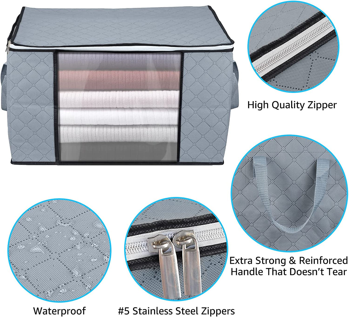 Clothes Storage, 3 Pack 84L Large Clothes Storage Bags, Foldable Closet Organizer Storage Containers with Reinforced Handle, Clear Window, Sturdy Zippers, Gray