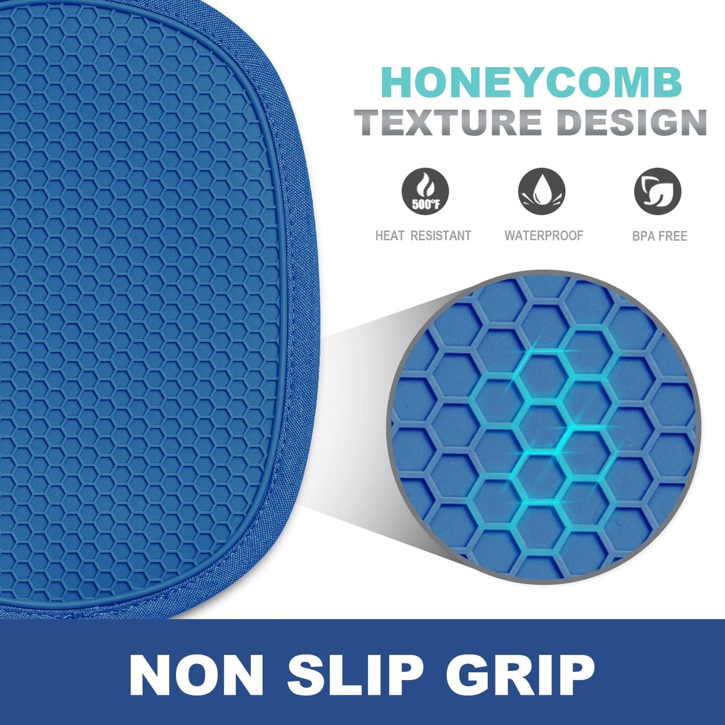 Silicone Pot Holders Sets: RORECAY Heat Resistant Oven Hot Pads with Pockets Non Slip Grip Large Potholders for Kitchen Baking Cooking | Quilted Liner | 9.8 x 7.6 Inches (RoyalBlue, 2)