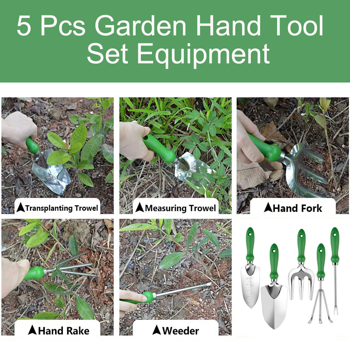 Garden Tool Set,5 Packs Gardening Yard Tools Kit Supplies for Women Men with Hand Rake,Hand Weeder,Hand Fork,Transplanter Trowel,Hand Trowel,Durable and Delicate Garden Gift