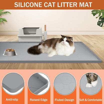 Cat Litter Mat Waterproof ,Large 34"*23" Non-slip Silicone Cat Litter Mat,Cat Litter Box Mat for Litter Trapping,Easy to Store Kitty Litter Mat Gray