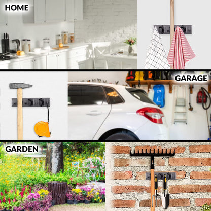 Mop and Broom Holder Wall Mount Heavy Duty Broom Garden Tool Organizer Mop Hanger Home Cleaning Supplies Organizations Storage Rack for Garage (3 Positions, 4 Hooks)