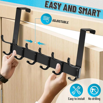 Over The Door Hooks for Hanging,Heavy Duty Hanger Holder for Hanging with 5 Dual Hooks,Over The Door Hanger Hook, Black Over the Door Towel Rack Fits 1-3/4" Thick Door