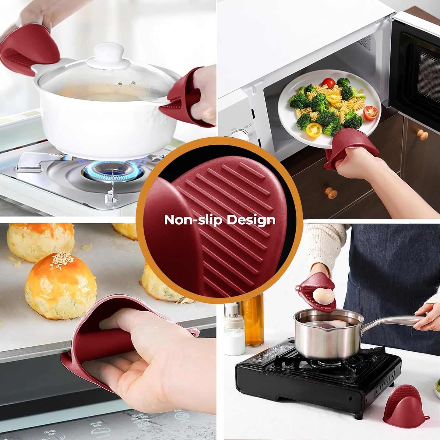 Oven Mitts and Pot Holders Sets,6pcs Pot Holders and Oven Mitts Heat Resistant, Non-Slip Silicone Mini Oven Gloves and Hot Pads for Kitchen,15" Extra Long Oven Gloves for Cooking,Red
