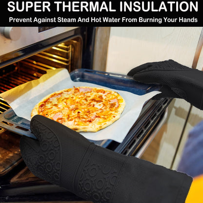 Oven Mitts and Pot Holders Sets,6pcs Pot Holders and Oven Mitts Heat Resistant, Non-Slip Silicone Mini Oven Gloves and Hot Pads for Kitchen,15" Extra Long Oven Gloves for Cooking,Black