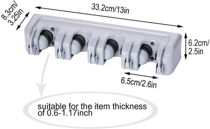 Mop Broom Holder Wall Mount, Plastic Broom Organizer Wall Mount, Organizations and Storage with Hooks Heavy Duty, Garden Kitchen Tool Organizer for Home Cleaning Supplies (4 Positions, 5 Hooks)