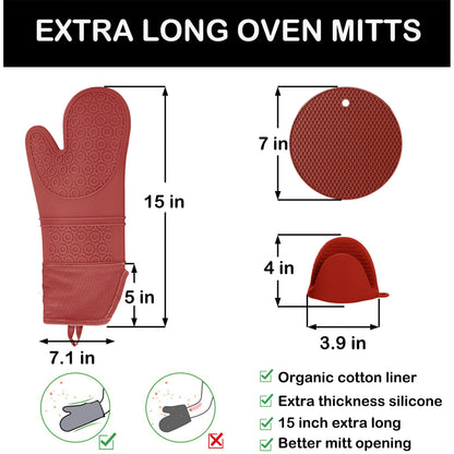 Oven Mitts and Pot Holders Sets,6pcs Pot Holders and Oven Mitts Heat Resistant, Non-Slip Silicone Mini Oven Gloves and Hot Pads for Kitchen,15" Extra Long Oven Gloves for Cooking,Red