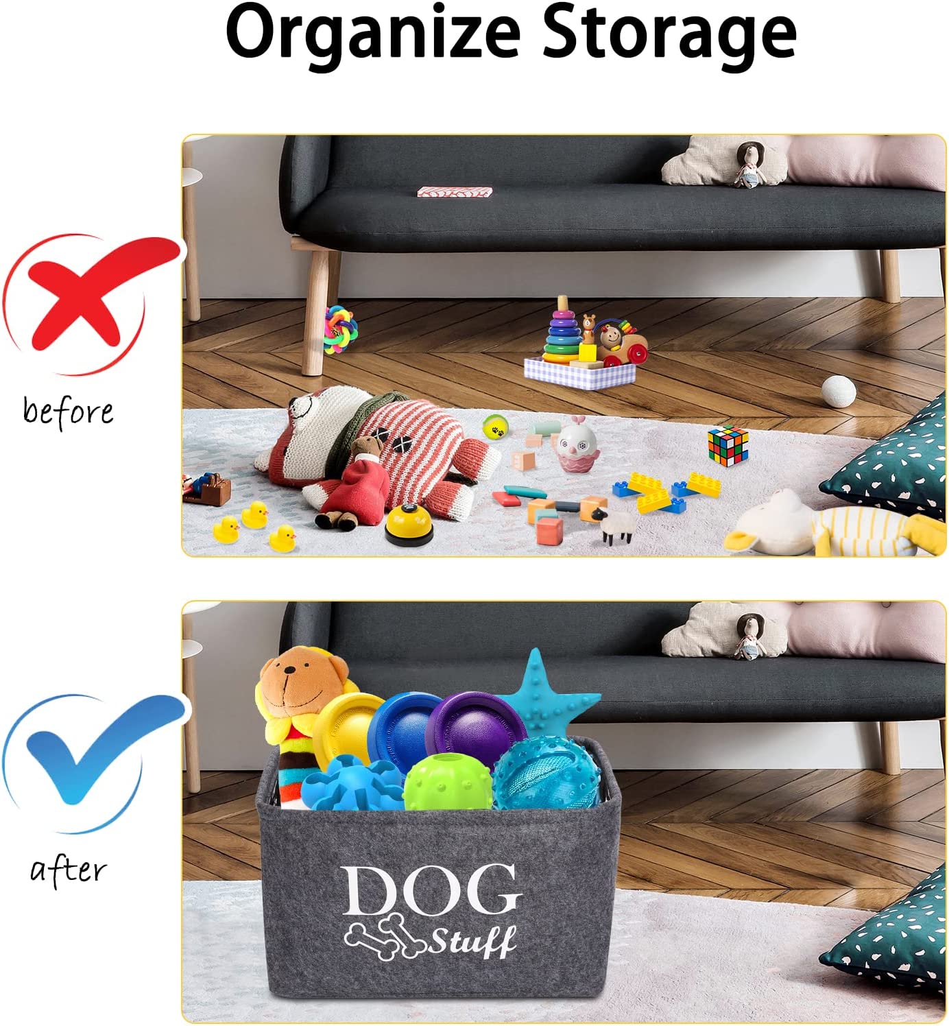 Dog Toy Baskets Dog Toy Box Dog Toy Bin with Designed Metal Handle,Dog Toy Storage Perfect for Organizing Dog Toys, Blankets, Leashes, Dry Food and Bandana,Gray