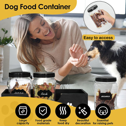 Dog Treat Container with 3 Plastic Dog Treat Jar, Dog Food Storage Container with Wooden Stand, Airtight Pet Food Storage Containers for Dogs and Cats, Dog Snacks Treat Organizer for Kitchen Counter