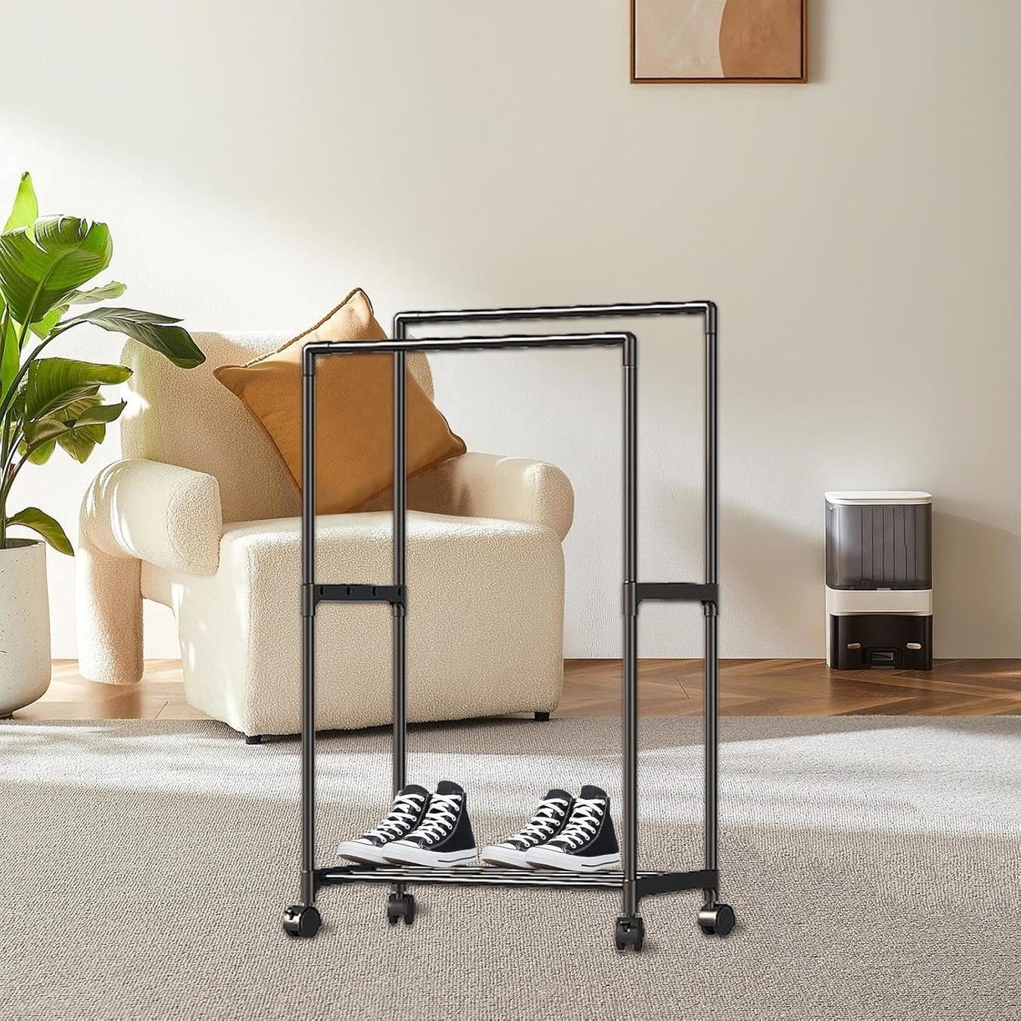 Double Rail Clothes Rack, Domaci Coat and Shoe Rack Entryway Hall Tree, Heavy Duty Clothes Drying Rack, Metal Double Rod Clothing Garment Rack Coat Rail Black