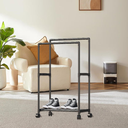 Double Rail Clothes Rack, Domaci Coat and Shoe Rack Entryway Hall Tree, Heavy Duty Clothes Drying Rack, Metal Double Rod Clothing Garment Rack Coat Rail Black