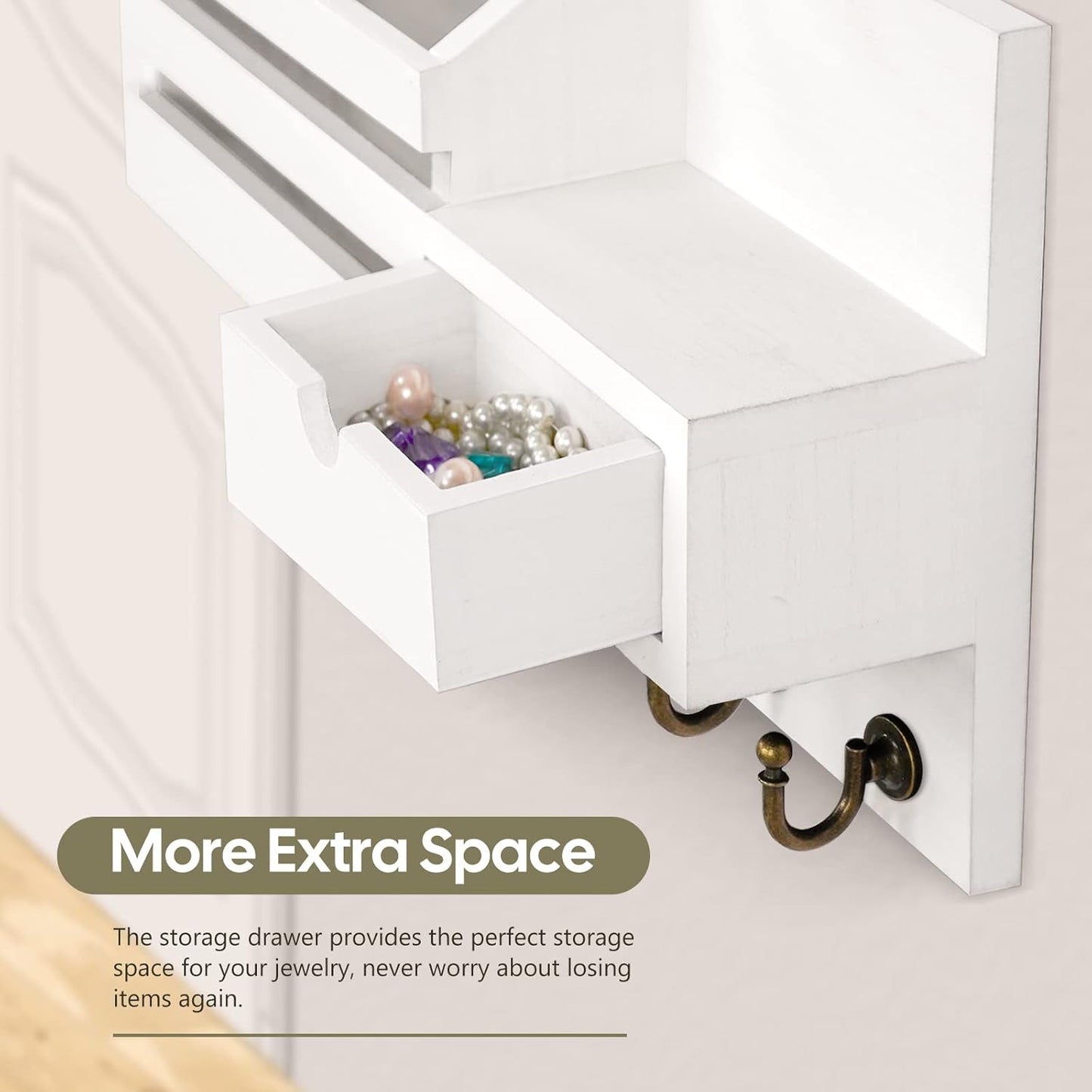 Key Holder for Wall,Dinosam Mail Organizer Wall Mount with Drawer,Mail Holder Shelf and 6 Sturdy Hooks,Hanging Key Rack Hanger for Entryway, Hallway, Bedroom, Living Room and Office，White