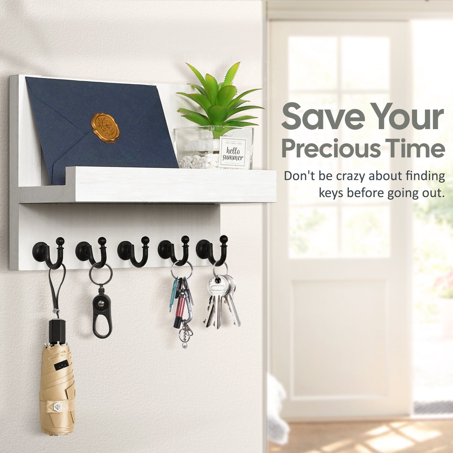 Key Holder for Wall, Dinosam Mail Organizer Wall Mount with 5 Key Hook and Mail Holder, Designer Key Rack Suitable for Entryway, Hallway, Bedroom, Living Room and Office,White