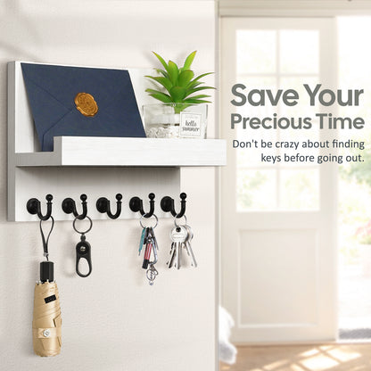 Key Holder for Wall, Dinosam Mail Organizer Wall Mount with 5 Key Hook and Mail Holder, Designer Key Rack Suitable for Entryway, Hallway, Bedroom, Living Room and Office,White
