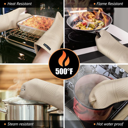 Extra Long Oven Mitts and Pot Holders Sets, RORECAY Heat Resistant Silicone Oven Mittens with Mini Oven Gloves and Hot Pads Potholders for Kitchen Baking Cooking, Quilted Liner, Milkshake, Pack of 6