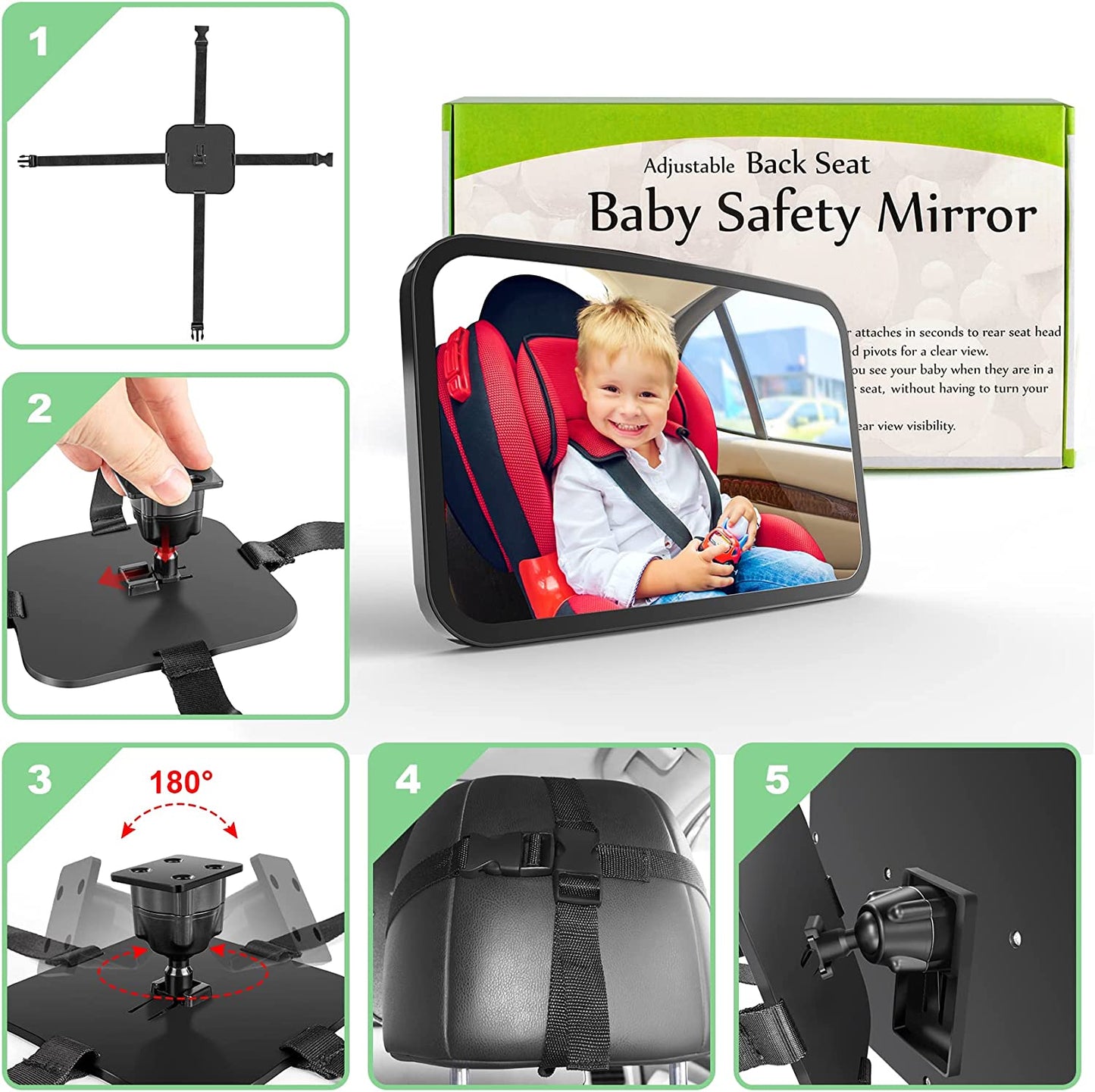 Baby Car Mirror,Shatterproof Baby Mirror for Car Seat Mirror for Rear Facing, Large Beckseat Safty Crash Tested Clear Wide View, 12 x 7.5", Black