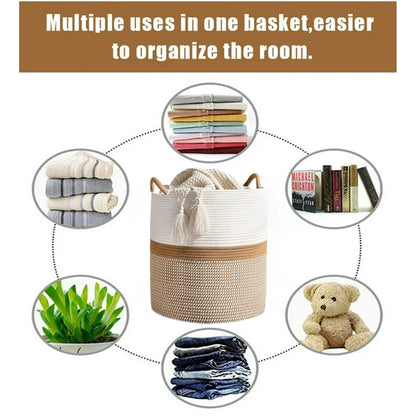 Extra Large Cotton Rope Basket for Storage, Domaci Woven Basket for Organizing, Blanket Basket Clothes Basket Laundry Hamper with Handles (16" x 20")
