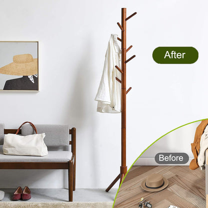 Coat Rack Stand Hat Rack Stand, Dinosam Wooden Coat Rack Freestanding Coat Hanger and Hat Holder with 8 Hooks, Sturdy Hat Hanger Entryway Hall Tree for Clothes/Bags/Hats, Elegant, Brown