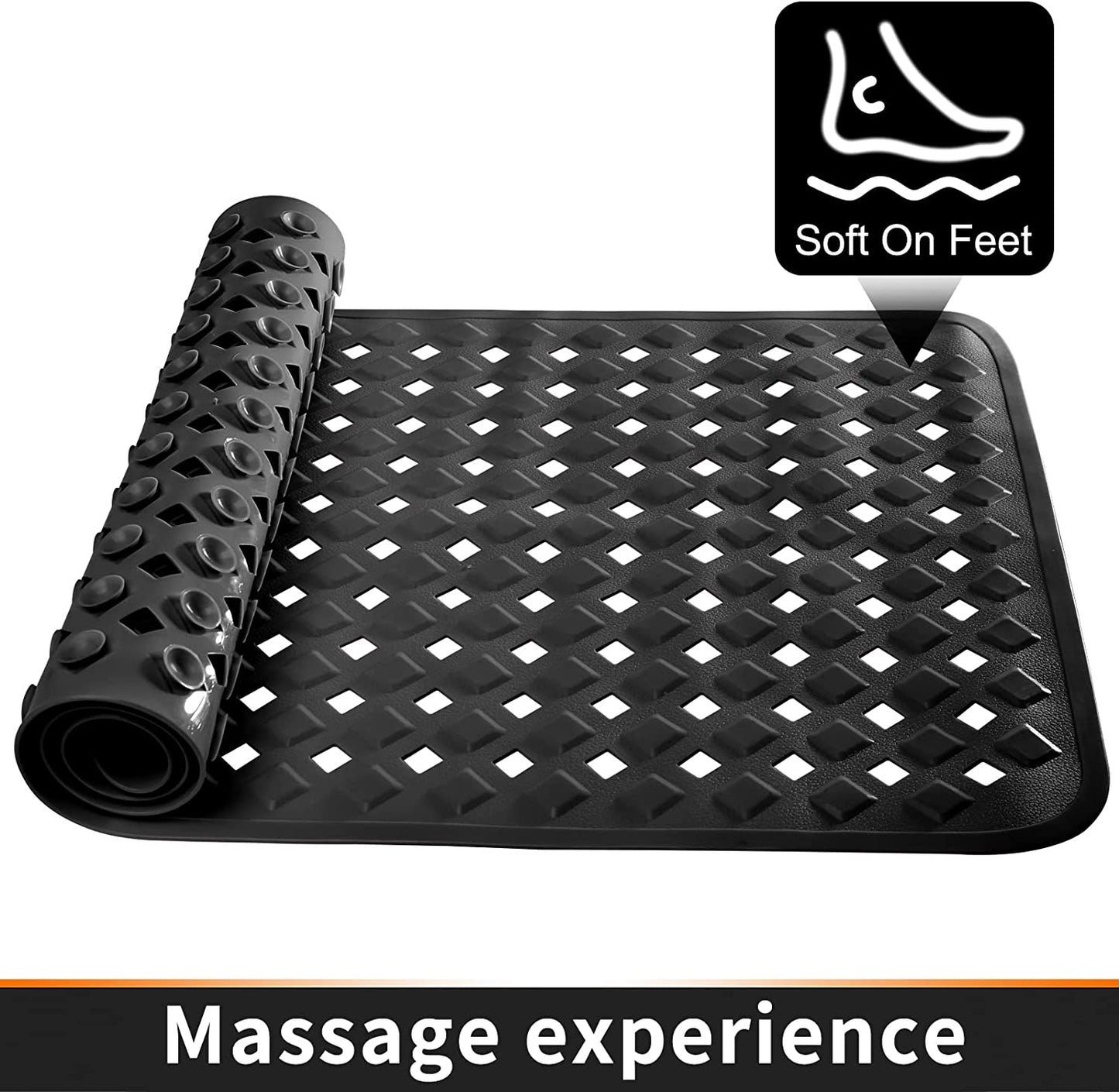 Bath Tub Mat Bath Mat for Tub Shower Mat Dinosam Bathtub Mat Non Slip 16 x 35 Extra Long Rubber Bath Mat, Suction Cups, Drain Holes, Machine Washable Bathroom Mat, Black