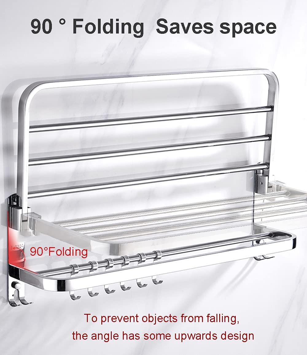 Towel Rack for Bathroom with Towel Bar,16in Bathroom Towel Holder for Bathroom Wall Mounted,Dinosam Foldable Bathroom Towel Rack with 1 Shelf 304 Stainless Towel Bar,Polished Silver