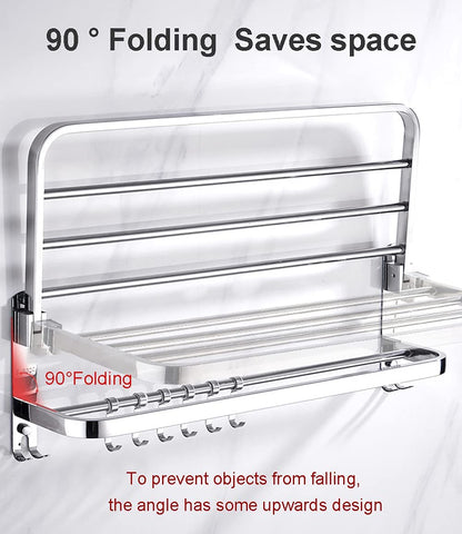 Towel Rack for Bathroom with Towel Bar,16in Bathroom Towel Holder for Bathroom Wall Mounted,Dinosam Foldable Bathroom Towel Rack with 1 Shelf 304 Stainless Towel Bar,Polished Silver