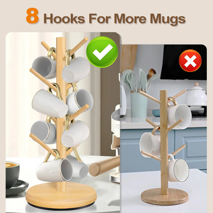 Mug Holder Tree, Domaci 360° Rotated 8 Hooks Coffee Cup Holder for Counter,Wood Coffee Mug Rack Standing for Coffee Bar Accessories and Kitchen Home Organizer (Natural)