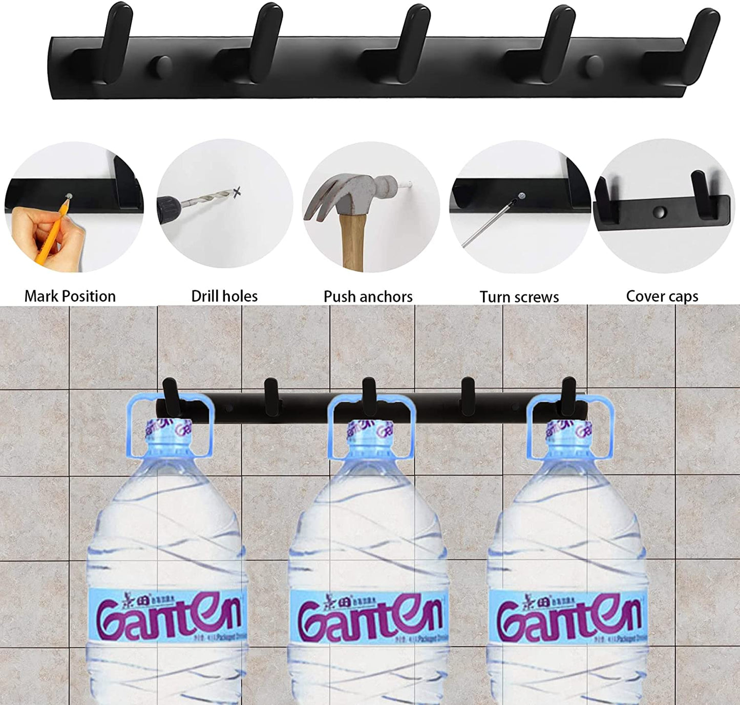 Coat Rack Wall Mount with 5 Hooks, Black Wall Coat Hooks, Dinosam Wall Mounted Modern Coat Rack, Aluminum Coat Hooks Hat Hooks Suitable for Living Room Entrance, Bedroom, Kitchen, Bathroom