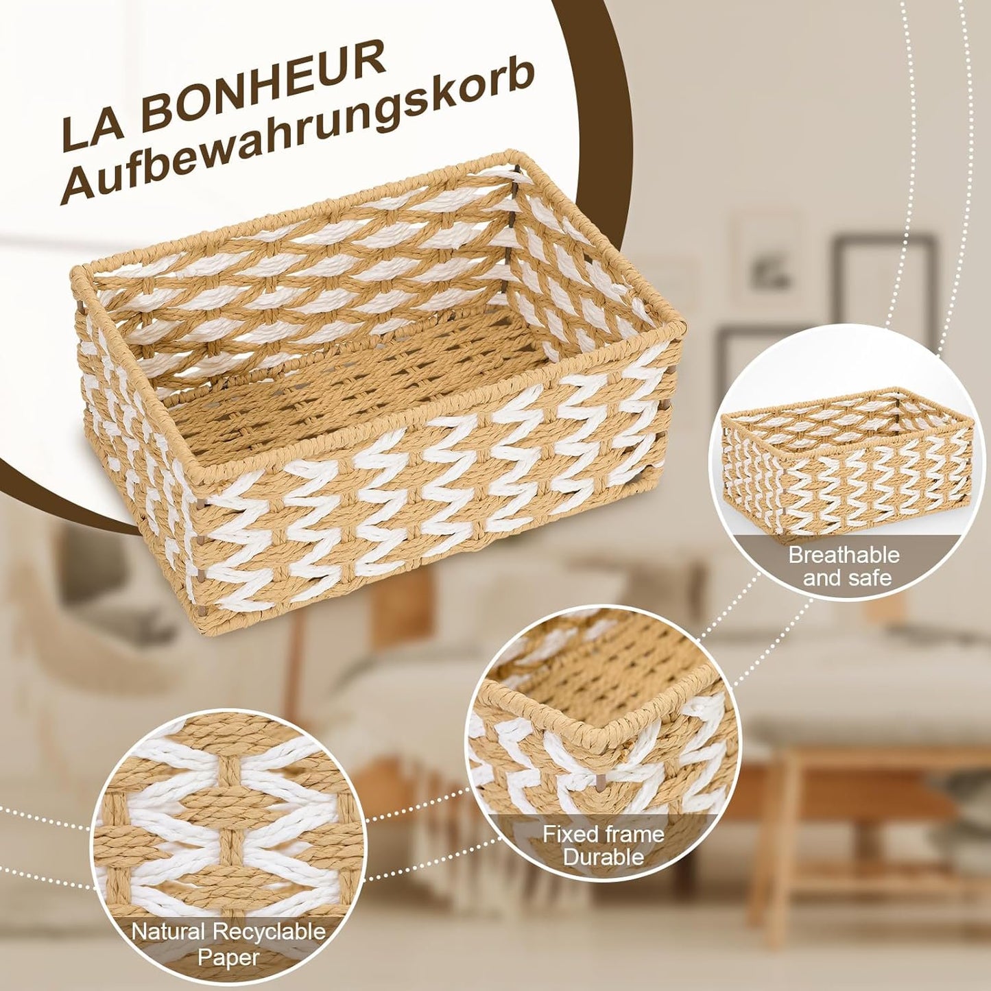 Wicker Basket Set of 3, Seagrass Storage Baskets for Shelves with Iron Wire Frame,Woven Baskets for Storage,Wicker Storage Basket for Bathroom, Bedroom, Laundry, Pantry, Shelves