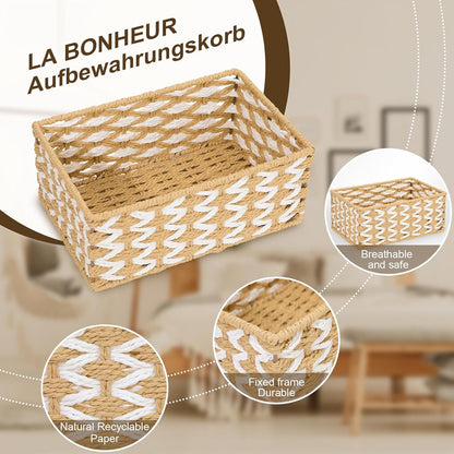 Wicker Basket Set of 3, Seagrass Storage Baskets for Shelves with Iron Wire Frame,Woven Baskets for Storage,Wicker Storage Basket for Bathroom, Bedroom, Laundry, Pantry, Shelves
